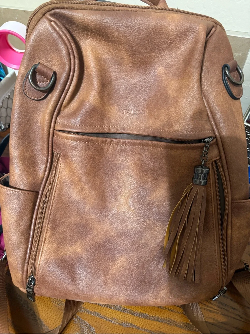 Tan Faux Leather Women's Backpack with Tassel by